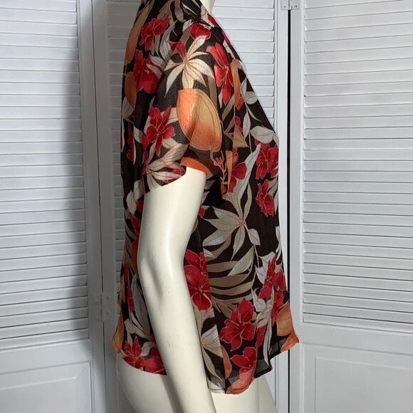 Vintage 90’s Semi Sheer Double Layered Brown Floral Button Down Blouse 14P - Picture 6 of 14